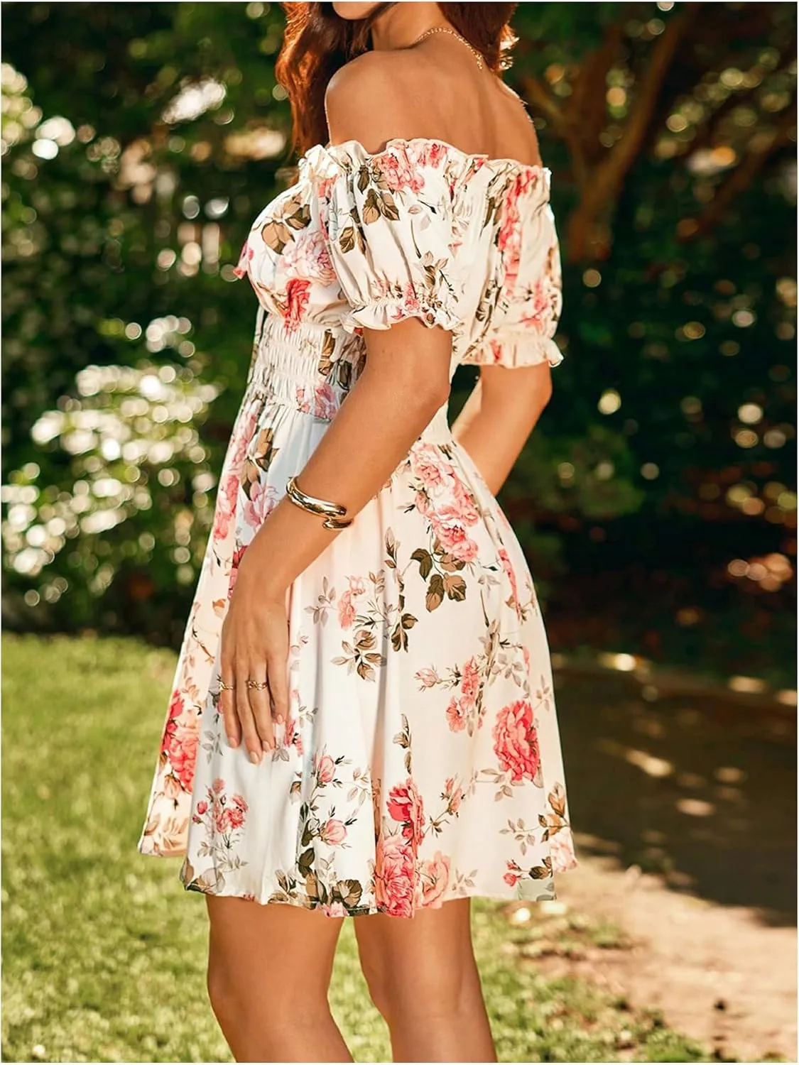 WDIRARA Women's Floral Print Off Shoulder Tie Front Short Sleeve Ruffle Smocked A Line Mini Dress