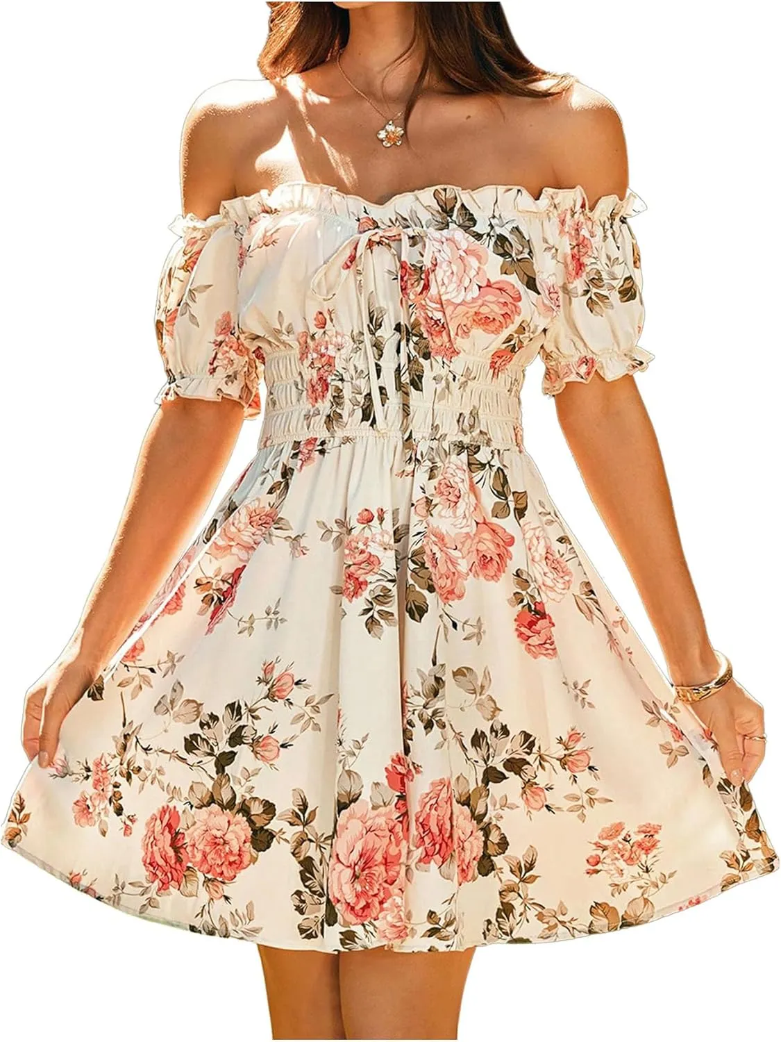 WDIRARA Women's Floral Print Off Shoulder Tie Front Short Sleeve Ruffle Smocked A Line Mini Dress