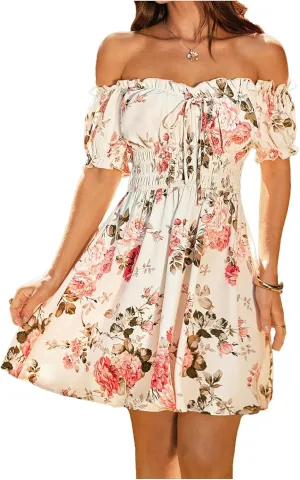 WDIRARA Women's Floral Print Off Shoulder Tie Front Short Sleeve Ruffle Smocked A Line Mini Dress