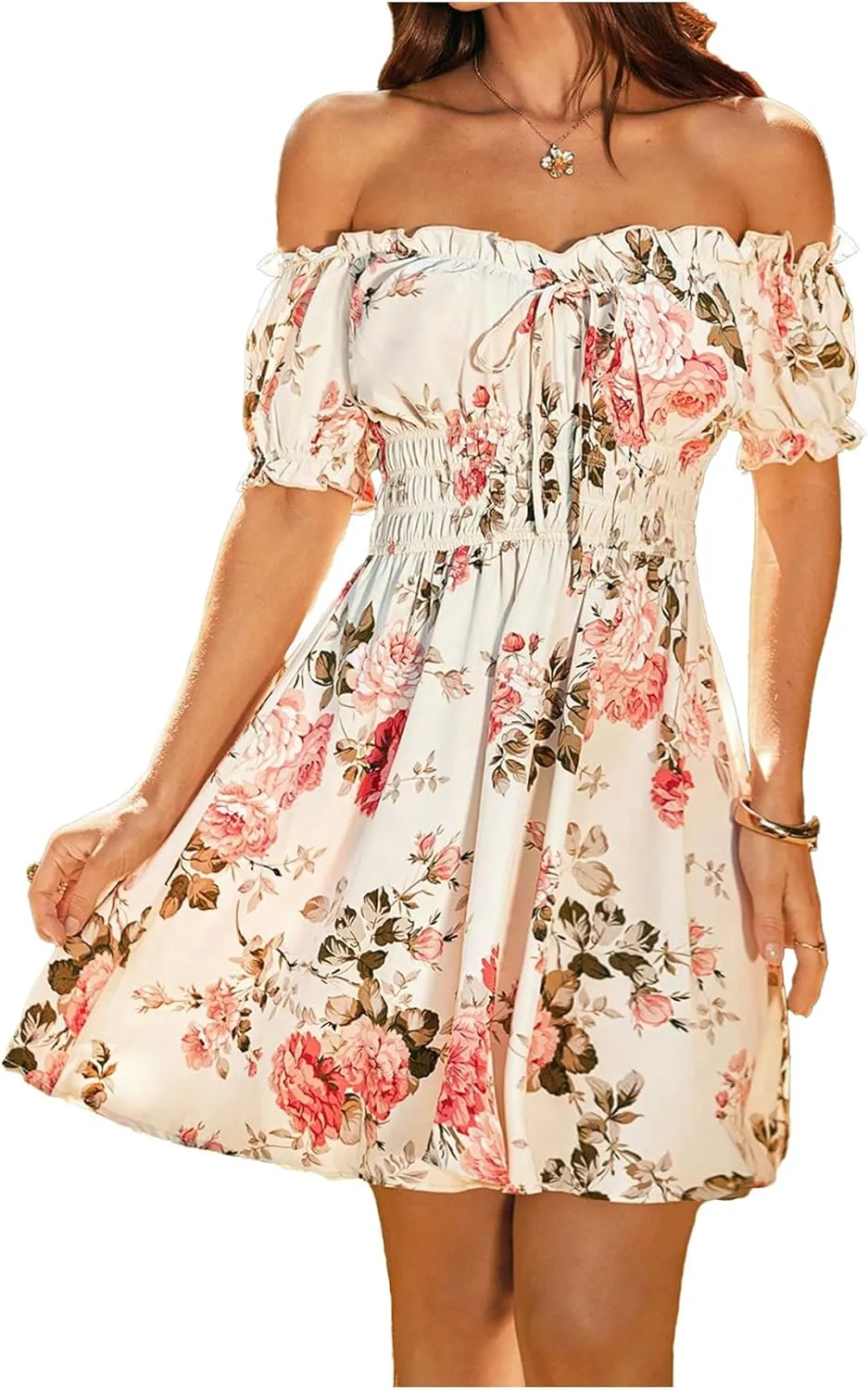 WDIRARA Women's Floral Print Off Shoulder Tie Front Short Sleeve Ruffle Smocked A Line Mini Dress