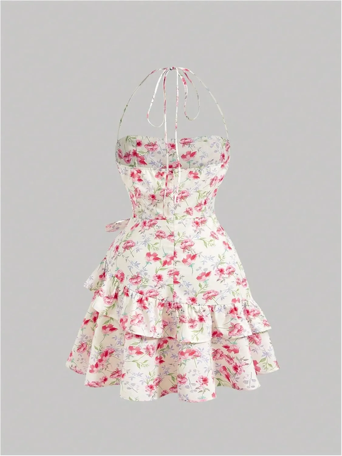 WDIRARA Women's Floral Sleeveless Halter Mini Dress Tie Backless Layered Ruffle Short Dress