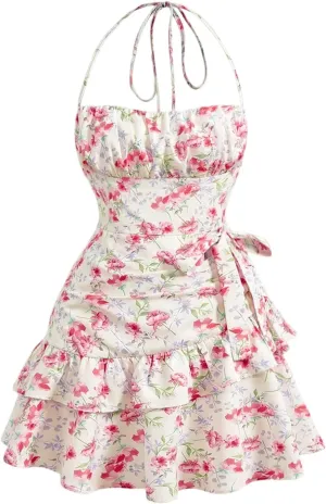 WDIRARA Women's Floral Sleeveless Halter Mini Dress Tie Backless Layered Ruffle Short Dress