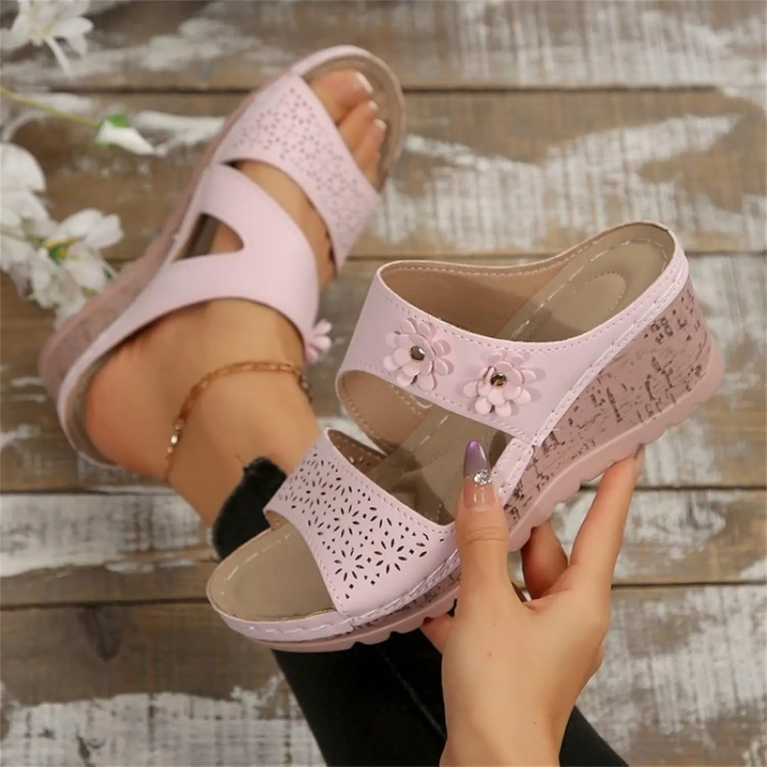 Wedge Sandals for Women Casual Summer Hollow Flowers Open Toe Orthopedic Sandals Comfortable Arch Support Slip on Slippers Beach Shoes