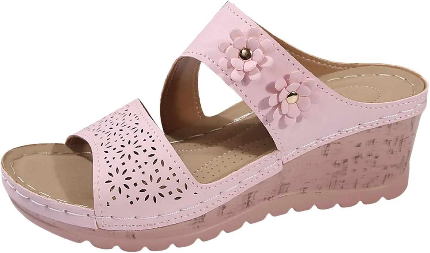 Wedge Sandals for Women Casual Summer Hollow Flowers Open Toe Orthopedic Sandals Comfortable Arch Support Slip on Slippers Beach Shoes