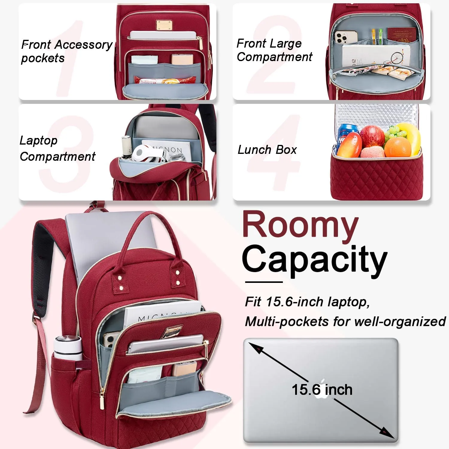 Weitars Lunch Backpack for Women,15.6 Inch Laptop Backpacks Travel Backpack for Women,Work Back pack,Teacher Nurse Back pack Insulated Lunchbox Backpacks