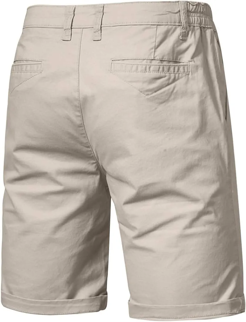 WENKOMG1 MensCotton Shorts Solid Chino Casual Knee Length Work Shorts Summer Slim Fit 10" Inseam Flat Front Shorts