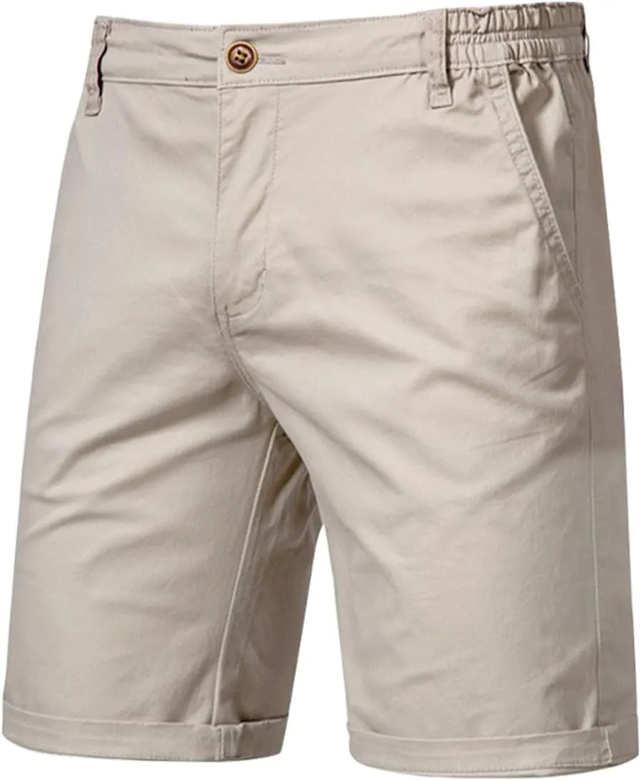 WENKOMG1 MensCotton Shorts Solid Chino Casual Knee Length Work Shorts Summer Slim Fit 10" Inseam Flat Front Shorts