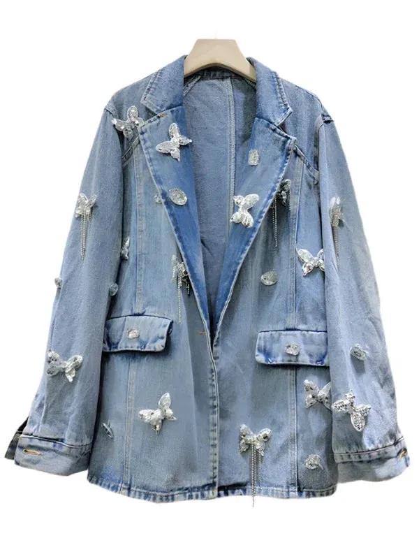 Wenkouban-Winter outfits Christmas Notched Collar Rhinestone Butterfly Oversized Denim Jacket