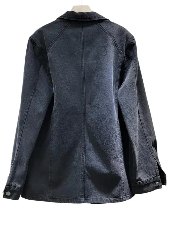 Wenkouban-Winter outfits Christmas Notched Collar Rhinestone Butterfly Oversized Denim Jacket