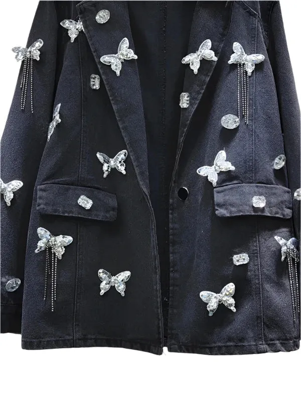 Wenkouban-Winter outfits Christmas Notched Collar Rhinestone Butterfly Oversized Denim Jacket