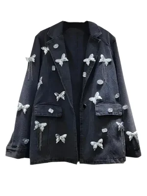 Wenkouban-Winter outfits Christmas Notched Collar Rhinestone Butterfly Oversized Denim Jacket