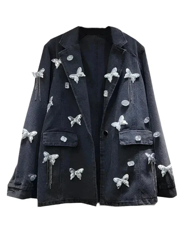 Wenkouban-Winter outfits Christmas Notched Collar Rhinestone Butterfly Oversized Denim Jacket