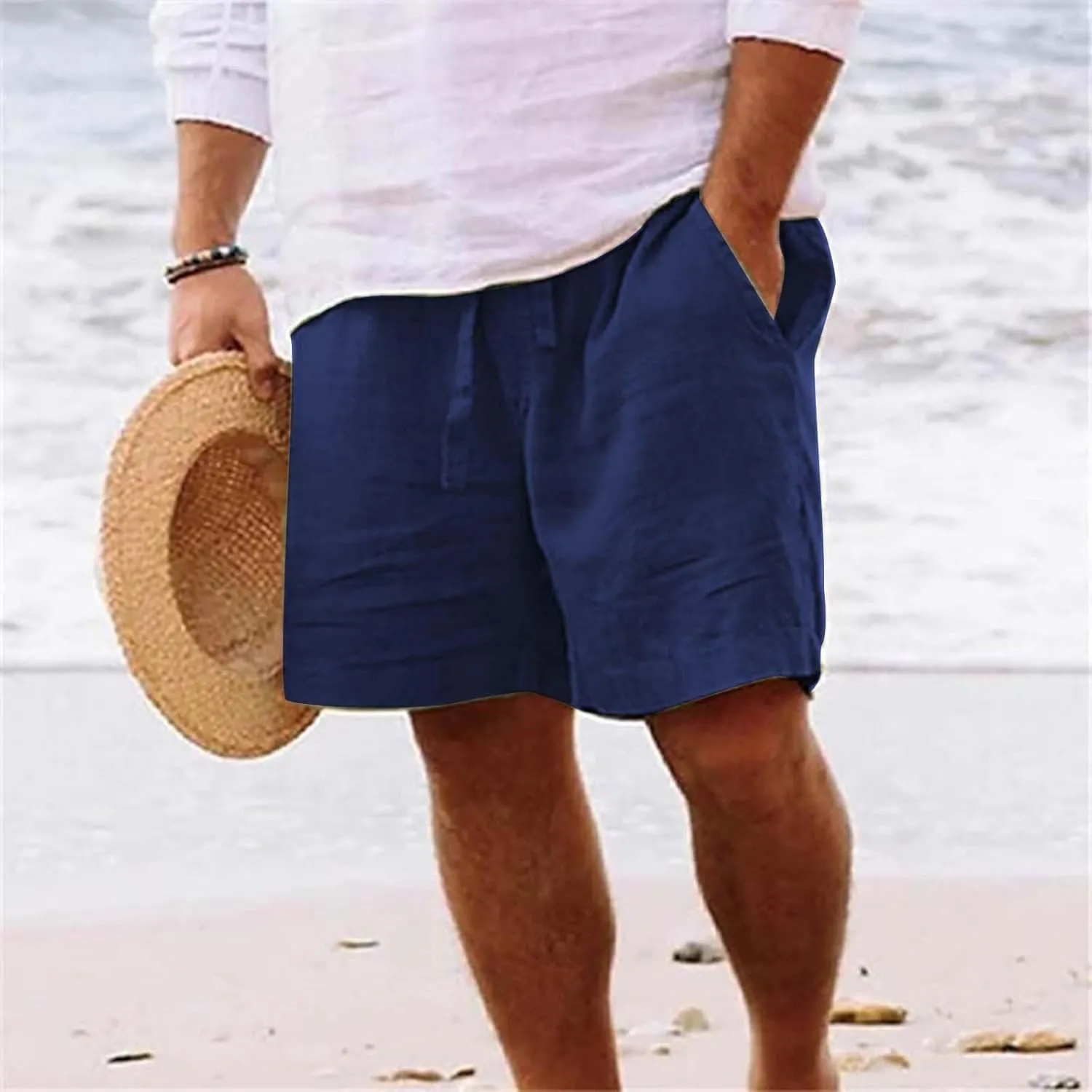White Linen Shorts Men Big and Tall Beach Shorts Casual Cotton Linen Shorts Loose Lightweight Short Athletic Linen