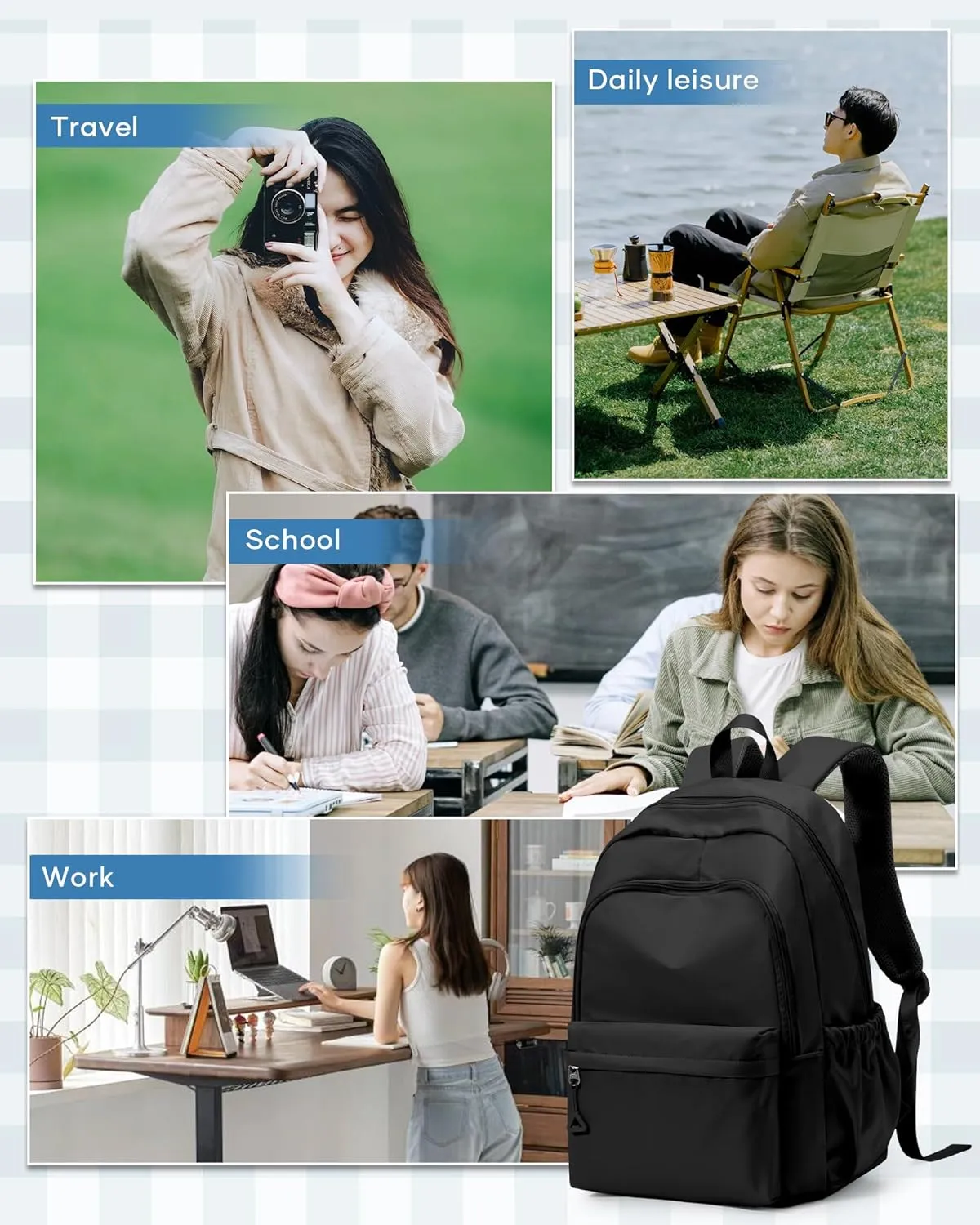 winspansy Backpack for School Teenage Girls Boys,Waterproof Lightweight School Bags Travel Daypack Simple Cute College Backpack Rucksack for Women Men fit 14 Inch Laptop,Black