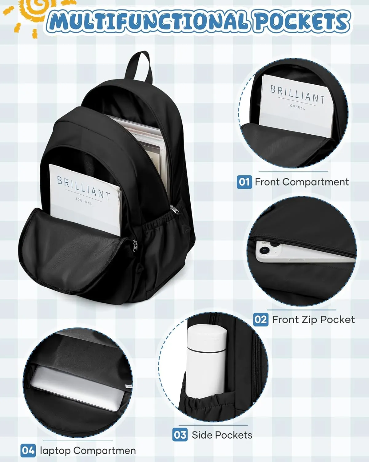 winspansy Backpack for School Teenage Girls Boys,Waterproof Lightweight School Bags Travel Daypack Simple Cute College Backpack Rucksack for Women Men fit 14 Inch Laptop,Black