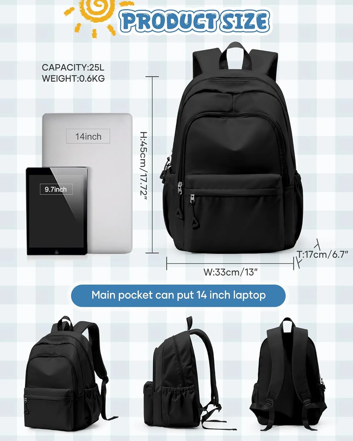 winspansy Backpack for School Teenage Girls Boys,Waterproof Lightweight School Bags Travel Daypack Simple Cute College Backpack Rucksack for Women Men fit 14 Inch Laptop,Black