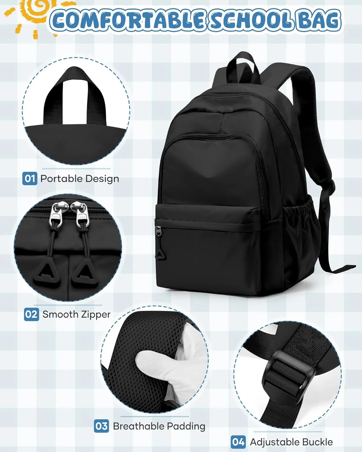 winspansy Backpack for School Teenage Girls Boys,Waterproof Lightweight School Bags Travel Daypack Simple Cute College Backpack Rucksack for Women Men fit 14 Inch Laptop,Black