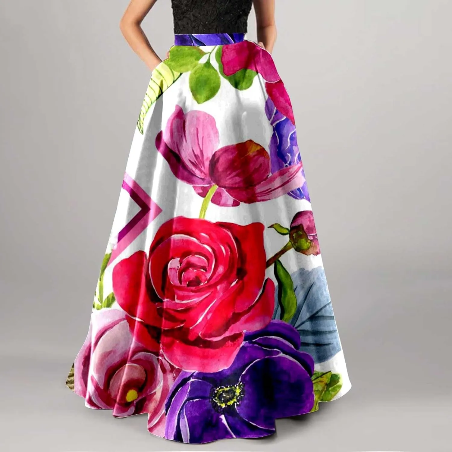 Women African Printed Maxi Skirt Flared Skirt a Line Long Skirts Vintage Pleated Skirt Floral Long Dresses with Pockets