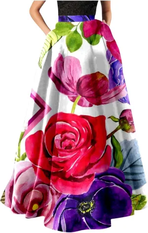 Women African Printed Maxi Skirt Flared Skirt a Line Long Skirts Vintage Pleated Skirt Floral Long Dresses with Pockets
