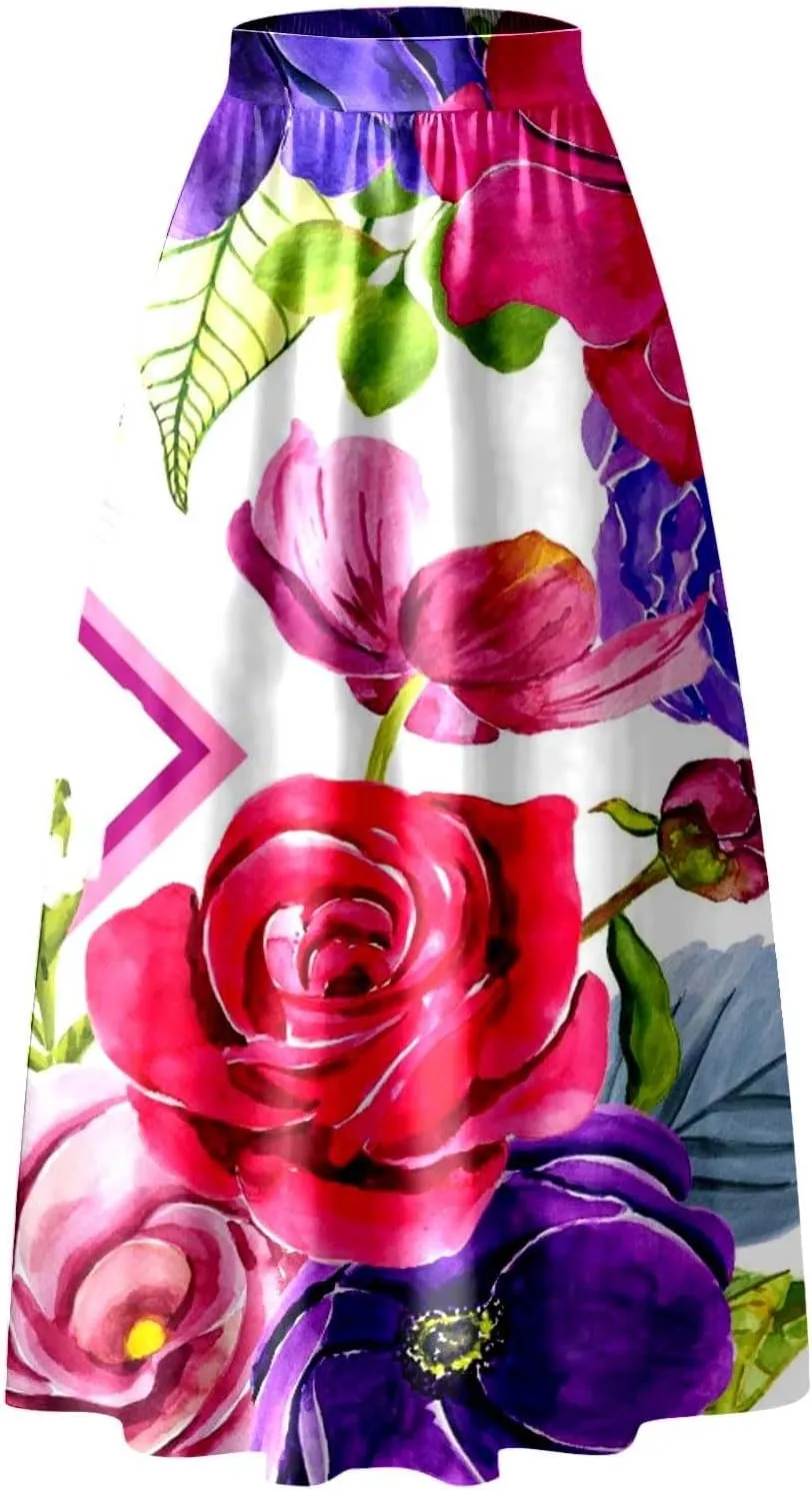 Women African Printed Maxi Skirt Flared Skirt a Line Long Skirts Vintage Pleated Skirt Floral Long Dresses with Pockets
