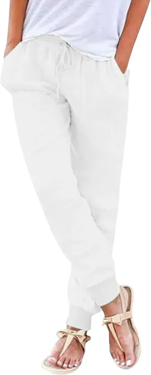 Women Casual Linen Pants High Waist Drawstring Elastic Waist Loose Fit Summer Pants Straight Leg Trousers with Pockets