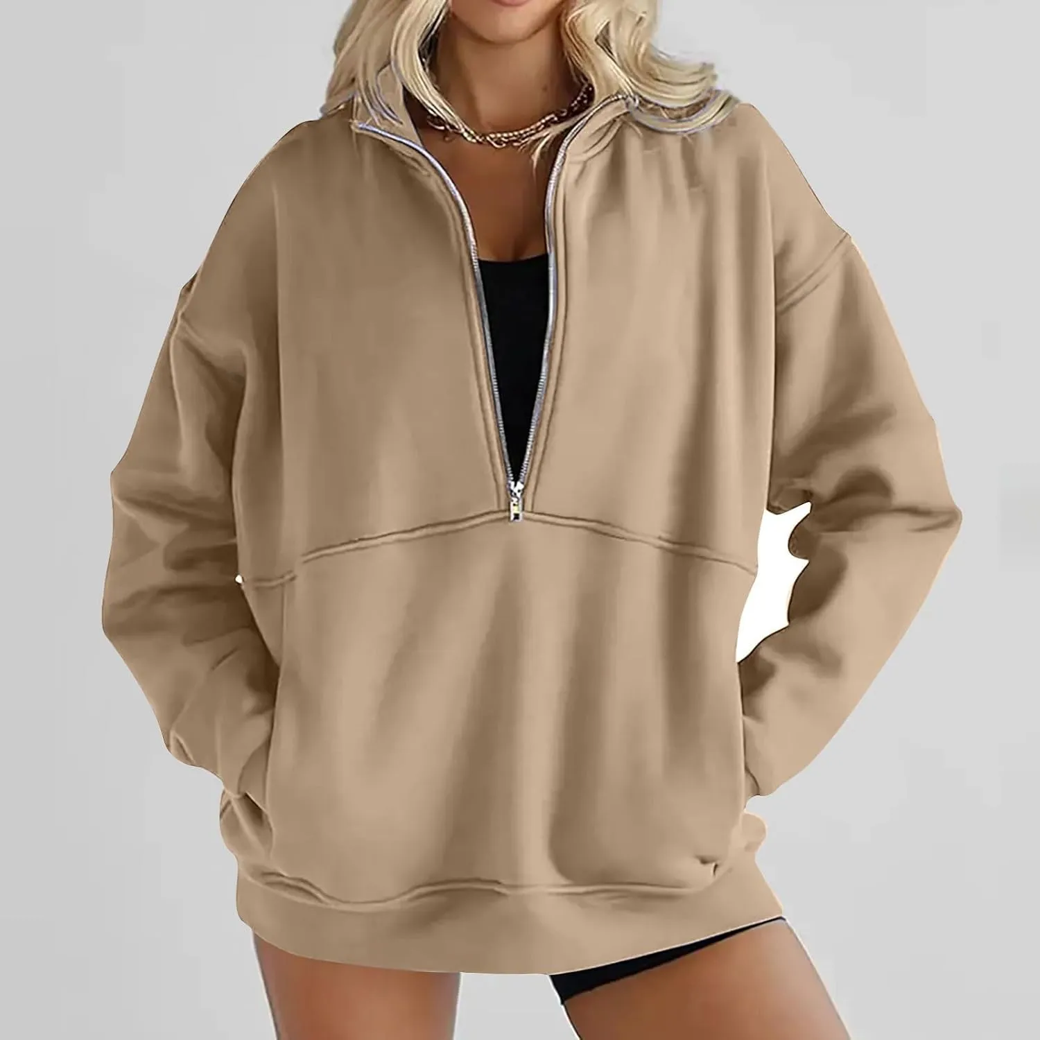 Women Fleece Half Zip Pullover Comfy Oversized Sweatshirt Trendy 1/4 Zip Up Hoodie Casual Fall Sweaters with Pockets