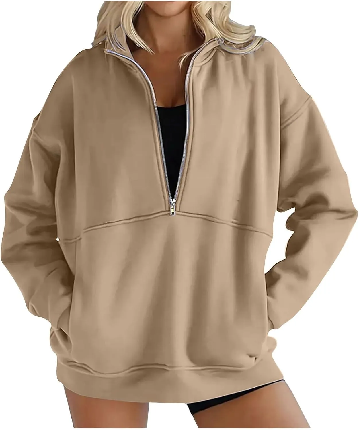 Women Fleece Half Zip Pullover Comfy Oversized Sweatshirt Trendy 1/4 Zip Up Hoodie Casual Fall Sweaters with Pockets