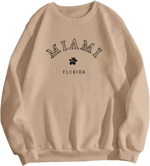 Women Miami Letter Graphic Print Oversized Sweatshirt Fleece Crewneck Long Sleeve Drop Shoulder Pullover Fall Clothes