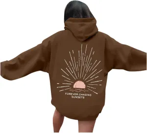 Women Oversized Hoodie Beachy Sweatshirt Letter Printed Always Chasing Sunsets Hoodies Solid Color Soft Top