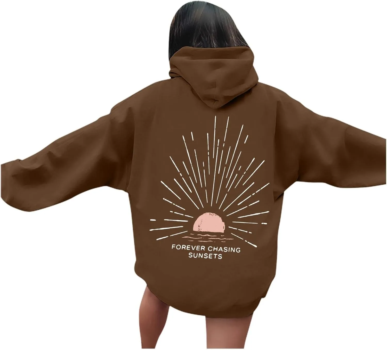 Women Oversized Hoodie Beachy Sweatshirt Letter Printed Always Chasing Sunsets Hoodies Solid Color Soft Top