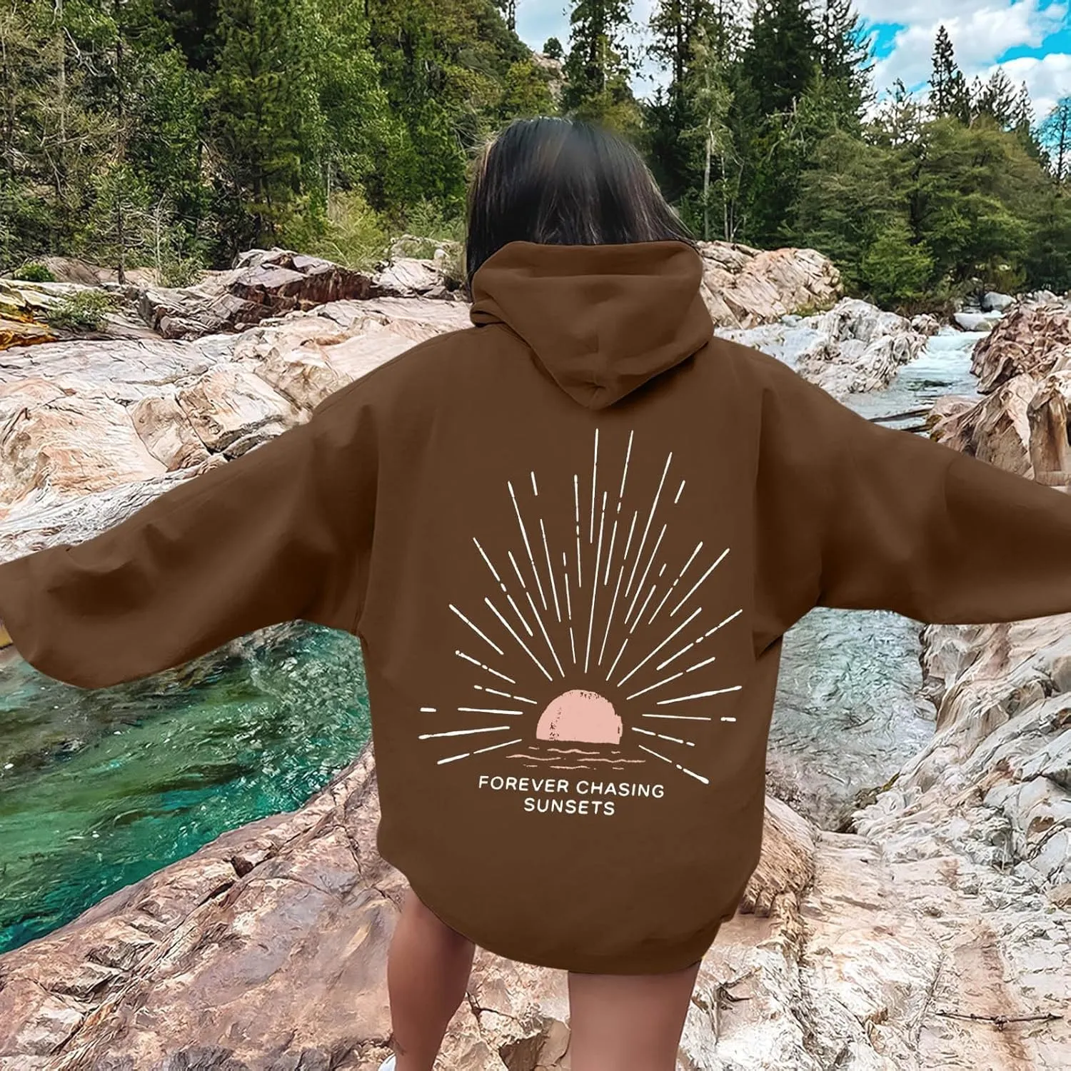Women Oversized Hoodie Beachy Sweatshirt Letter Printed Always Chasing Sunsets Hoodies Solid Color Soft Top