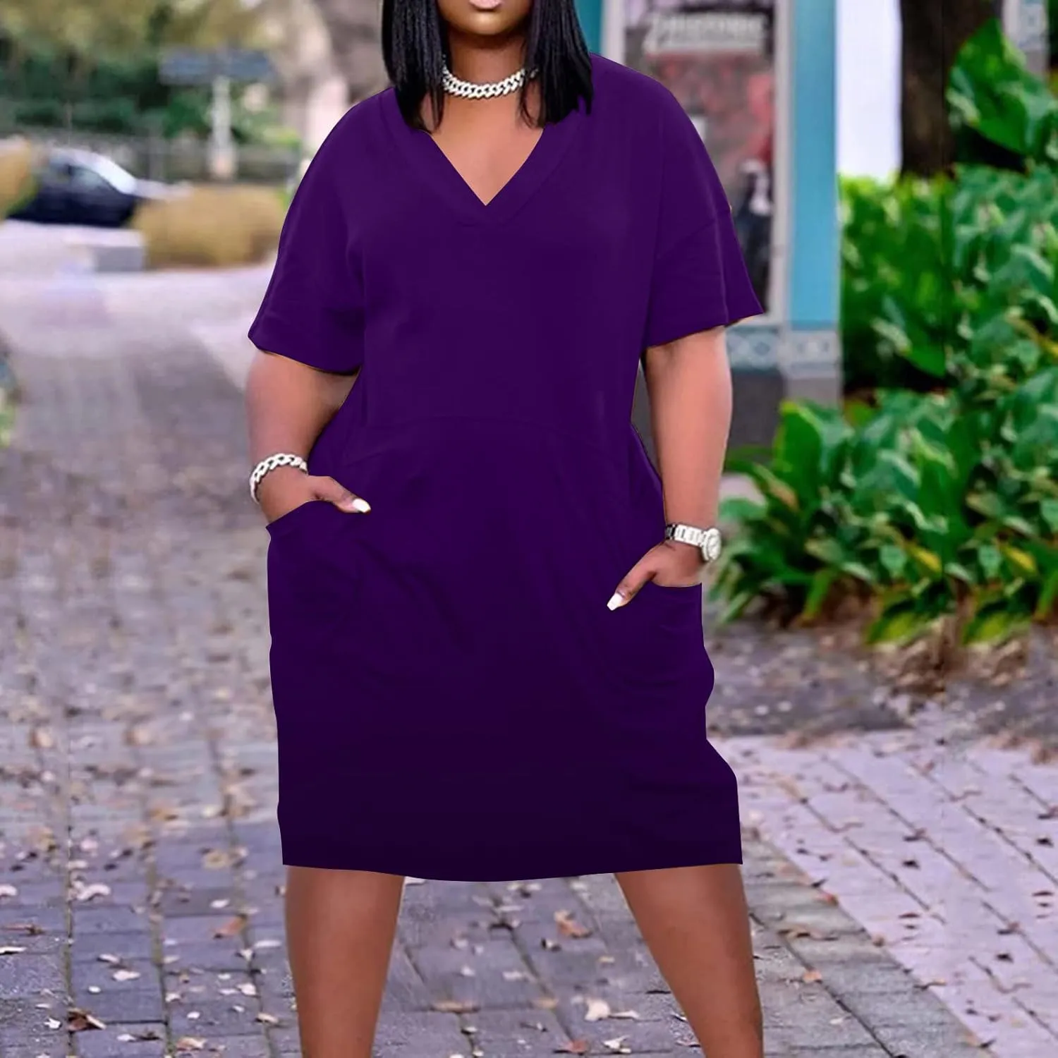 Women Oversized Shirt Dress V Neck Short Sleeve Midi Dresses Casual Summer Loose Plus Size Drees with Pockets