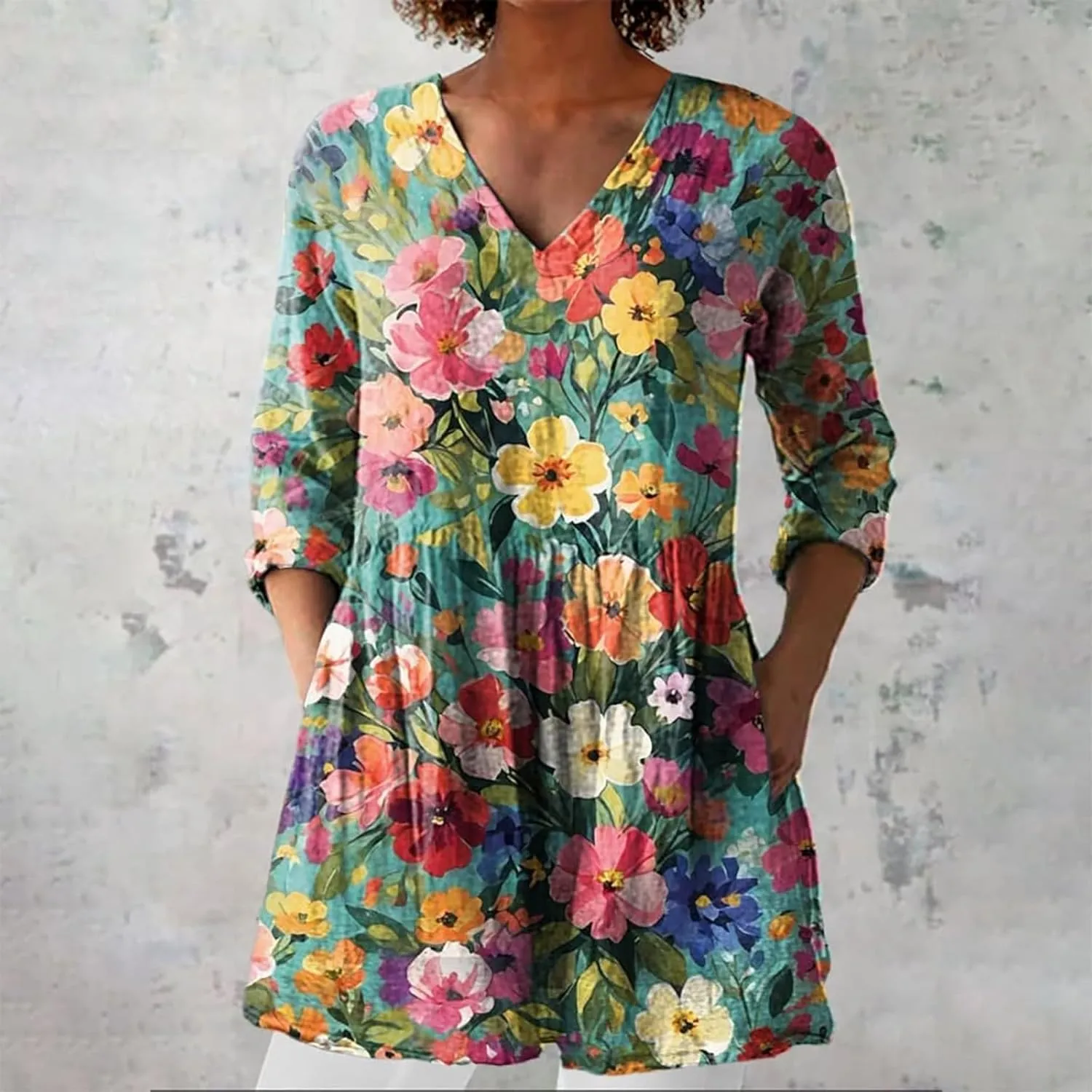 Women Plus Size Tops Trendy Summer 2025 Color Block Floral Print Dress Long Sleeve V Neck Blouses Casual Tunic Outfits