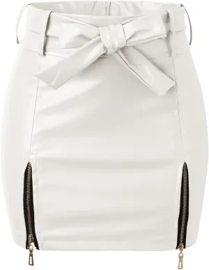 Women PU Leather Mini Skirt High Waist Zipper Side Split Hip Wrap Skirt Solid Color Slim Fit Bodycon Skirt