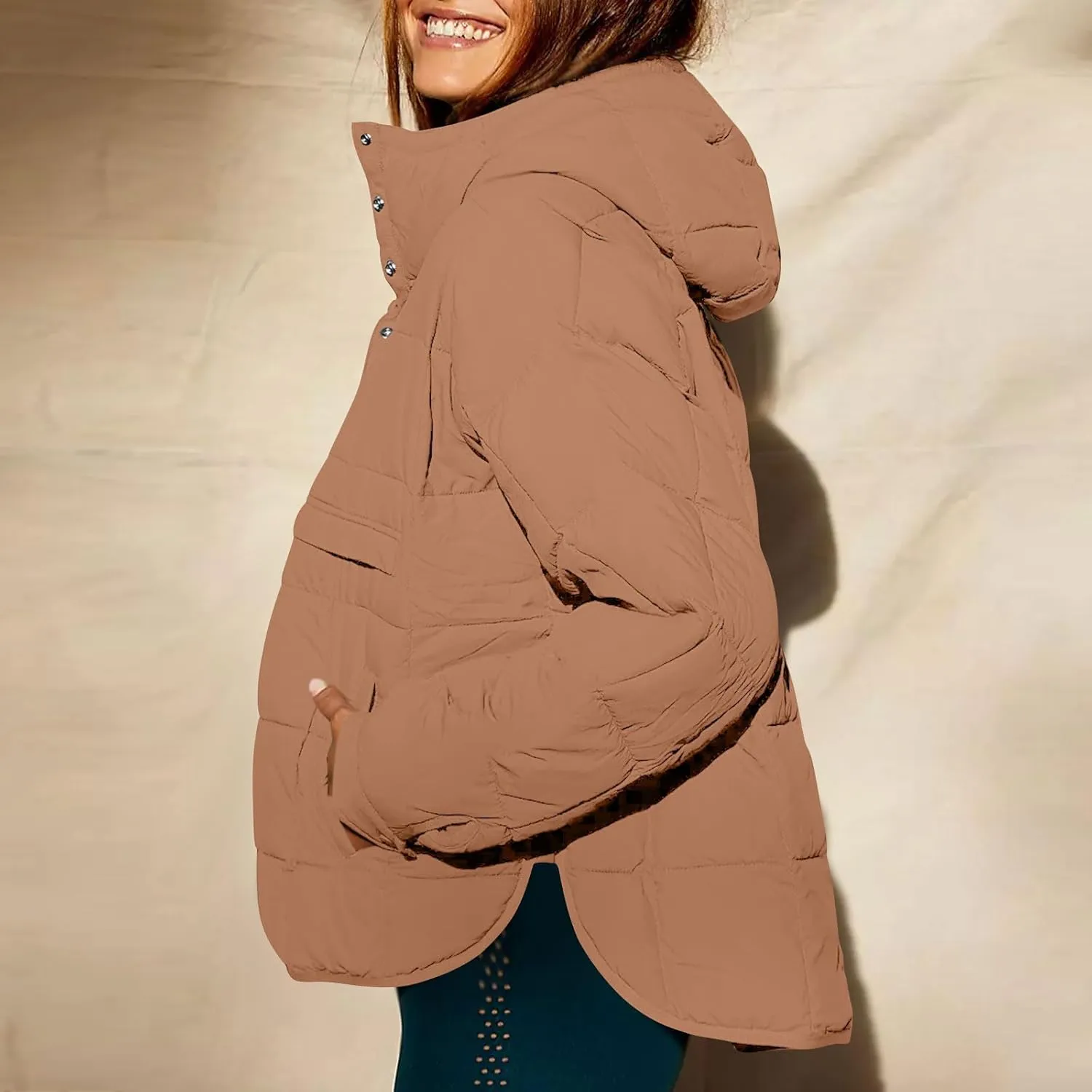 Women Quilted Pullover Packable Puffer Jacket Long Sleeve Quarter Snap Oversized Hoodie Winter Hooded Padded Coat