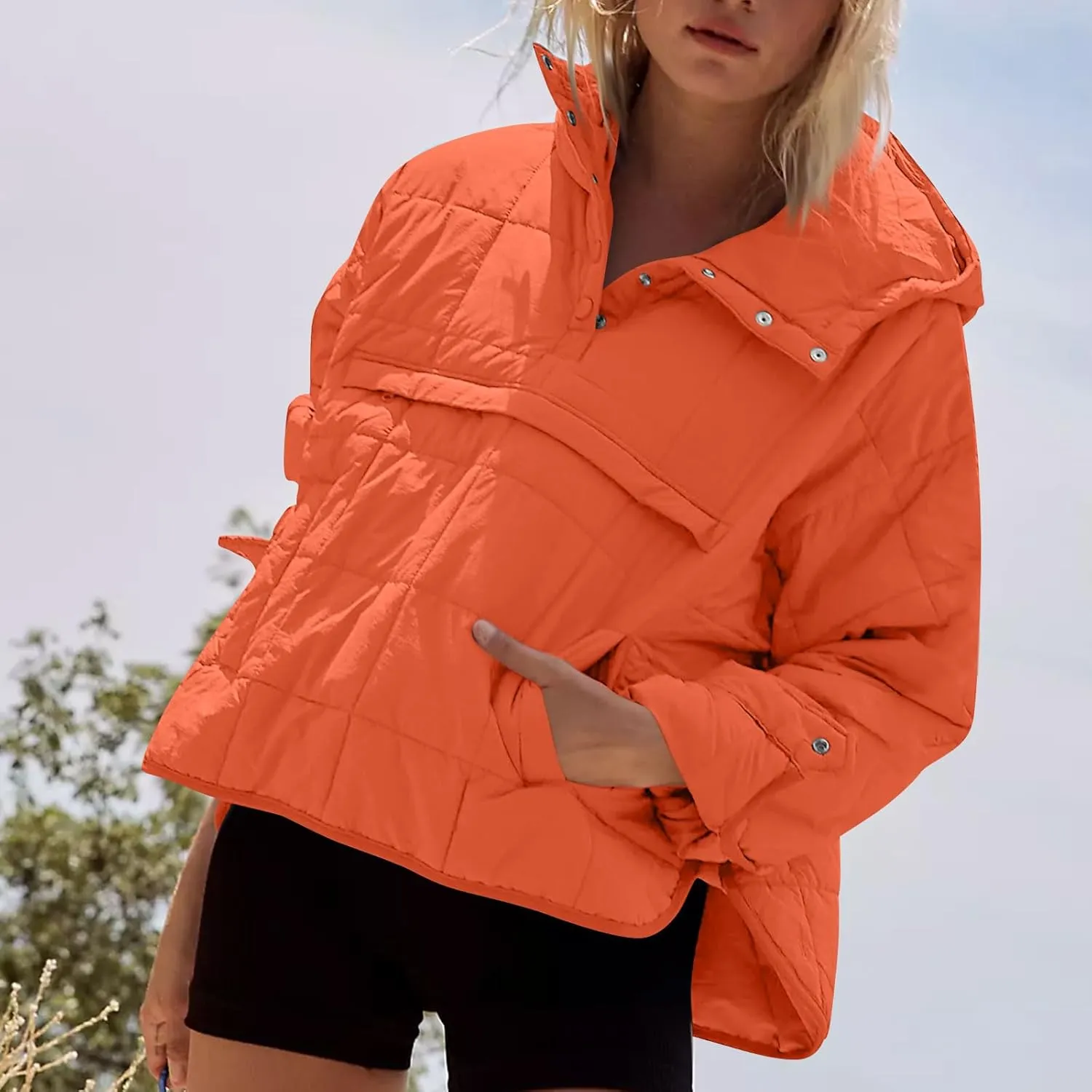 Women Quilted Pullover Packable Puffer Jacket Long Sleeve Quarter Snap Oversized Hoodie Winter Hooded Padded Coat