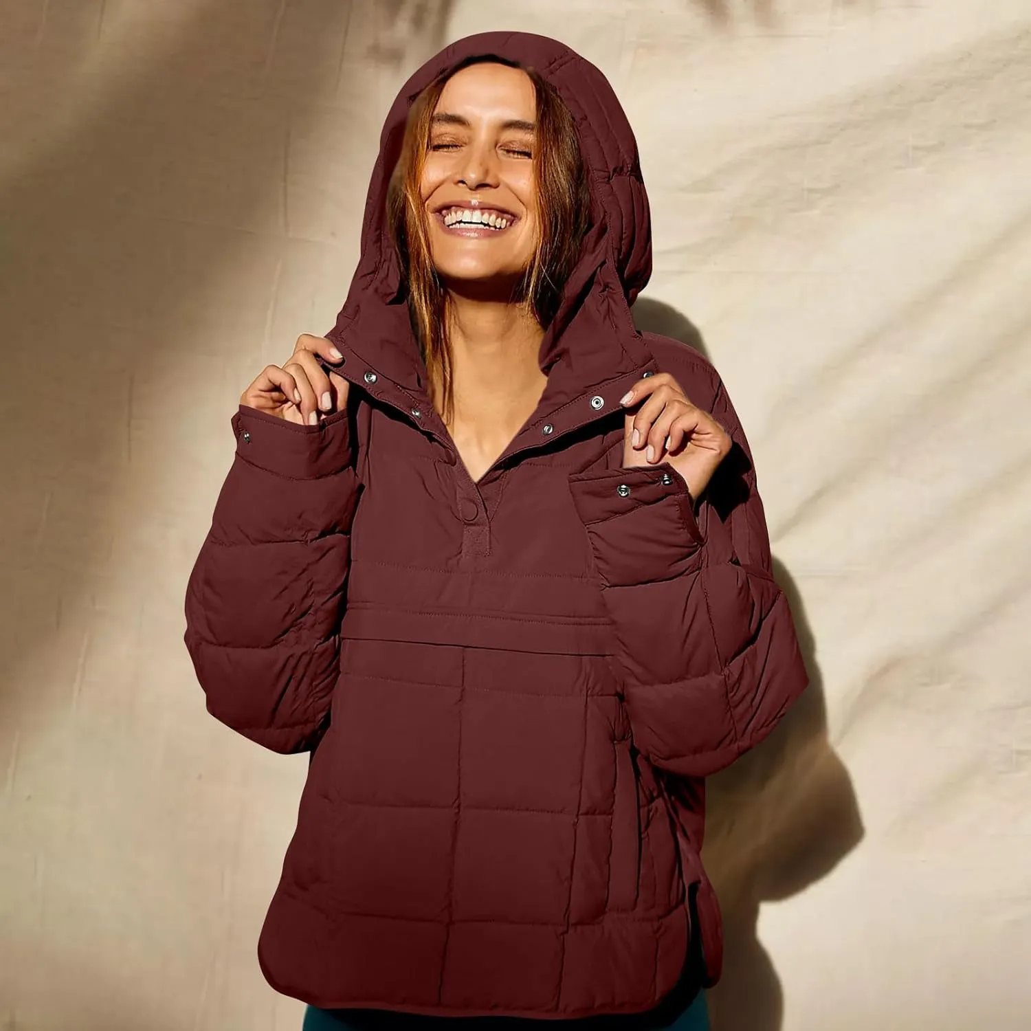 Women Quilted Pullover Packable Puffer Jacket Long Sleeve Quarter Snap Oversized Hoodie Winter Hooded Padded Coat