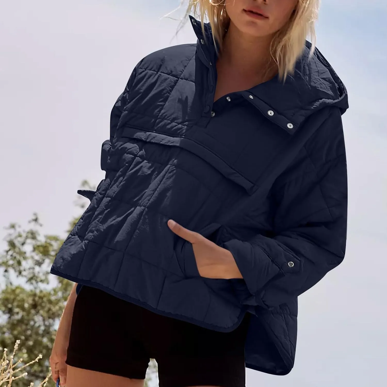 Women Quilted Pullover Packable Puffer Jacket Long Sleeve Quarter Snap Oversized Hoodie Winter Hooded Padded Coat
