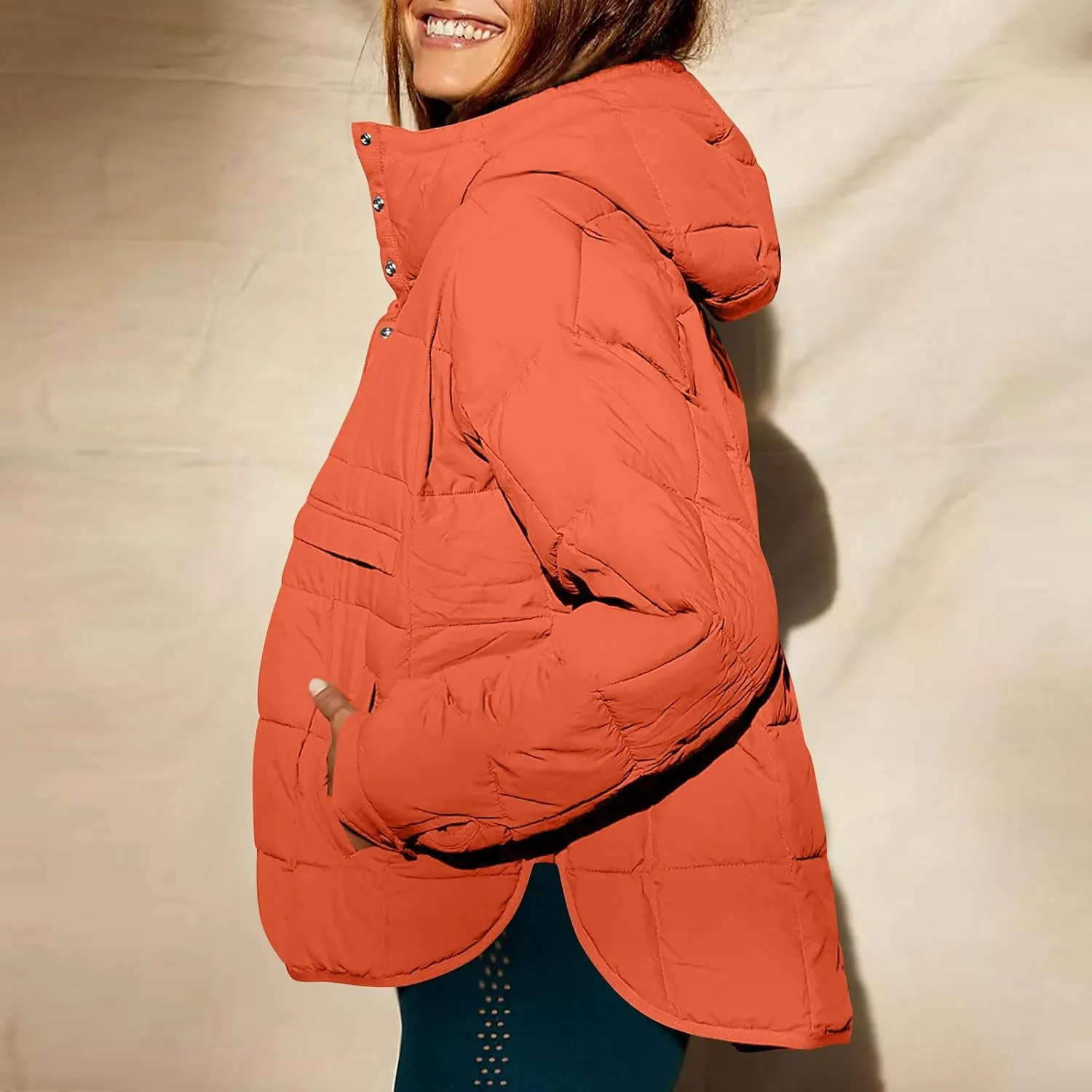 Women Quilted Pullover Packable Puffer Jacket Long Sleeve Quarter Snap Oversized Hoodie Winter Hooded Padded Coat