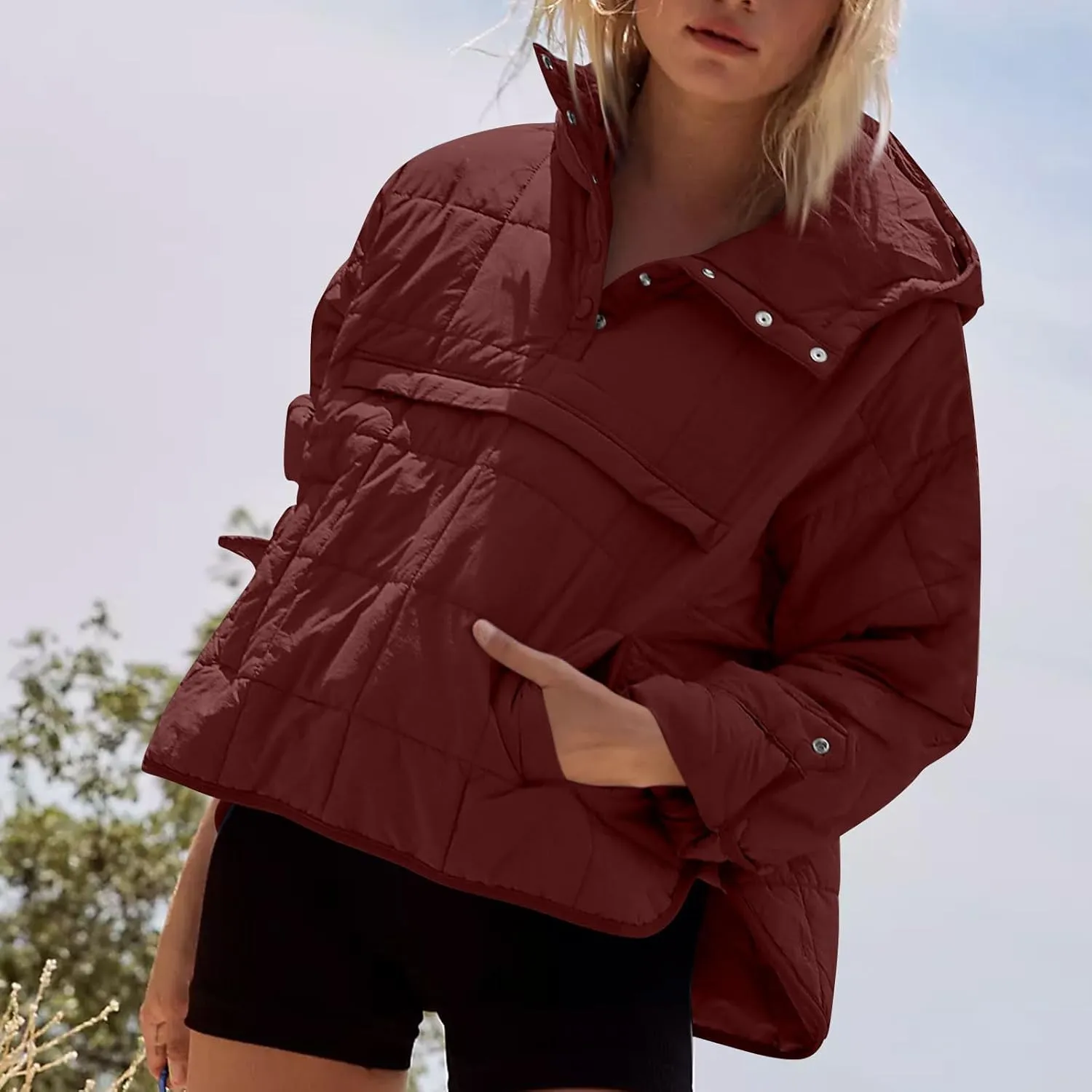 Women Quilted Pullover Packable Puffer Jacket Long Sleeve Quarter Snap Oversized Hoodie Winter Hooded Padded Coat
