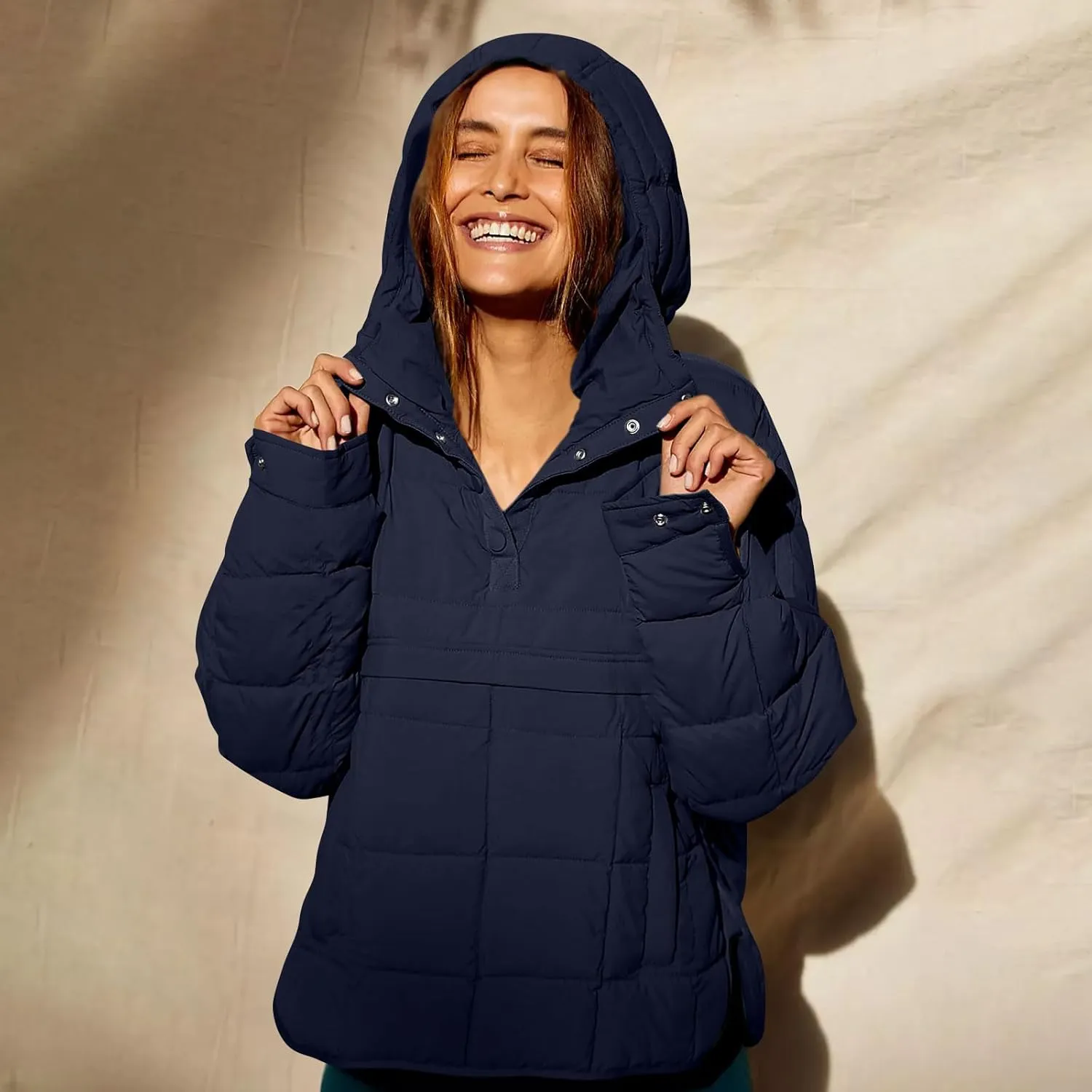 Women Quilted Pullover Packable Puffer Jacket Long Sleeve Quarter Snap Oversized Hoodie Winter Hooded Padded Coat