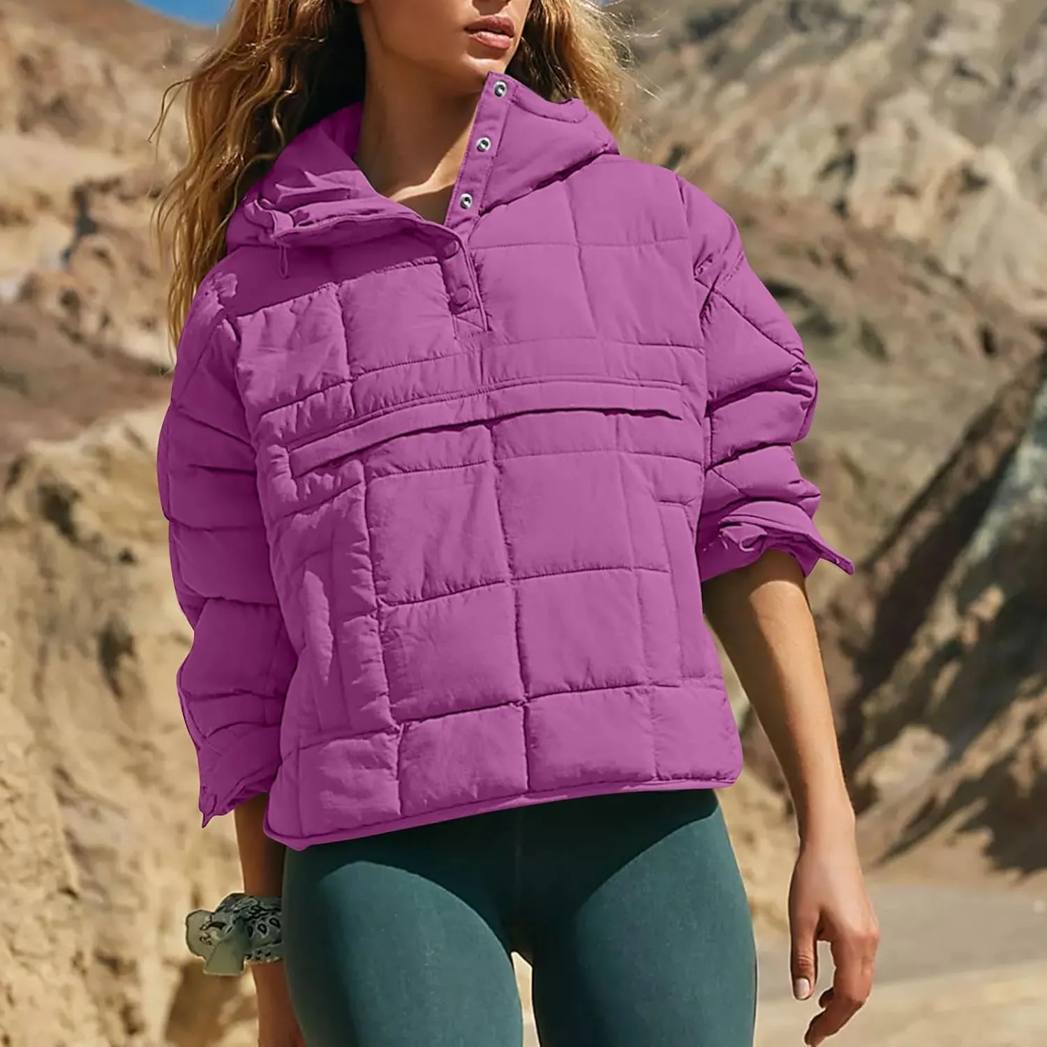 Women Quilted Pullover Packable Puffer Jacket Long Sleeve Quarter Snap Oversized Hoodie Winter Hooded Padded Coat