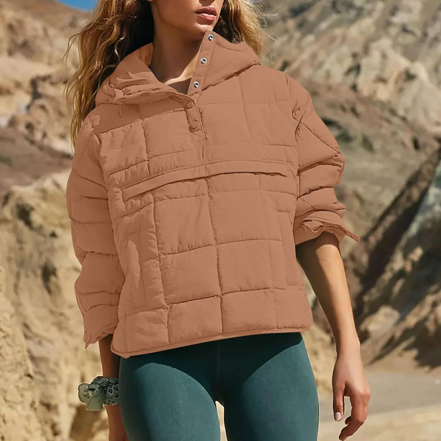 Women Quilted Pullover Packable Puffer Jacket Long Sleeve Quarter Snap Oversized Hoodie Winter Hooded Padded Coat