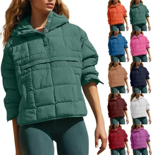 Women Quilted Pullover Packable Puffer Jacket Long Sleeve Quarter Snap Oversized Hoodie Winter Hooded Padded Coat