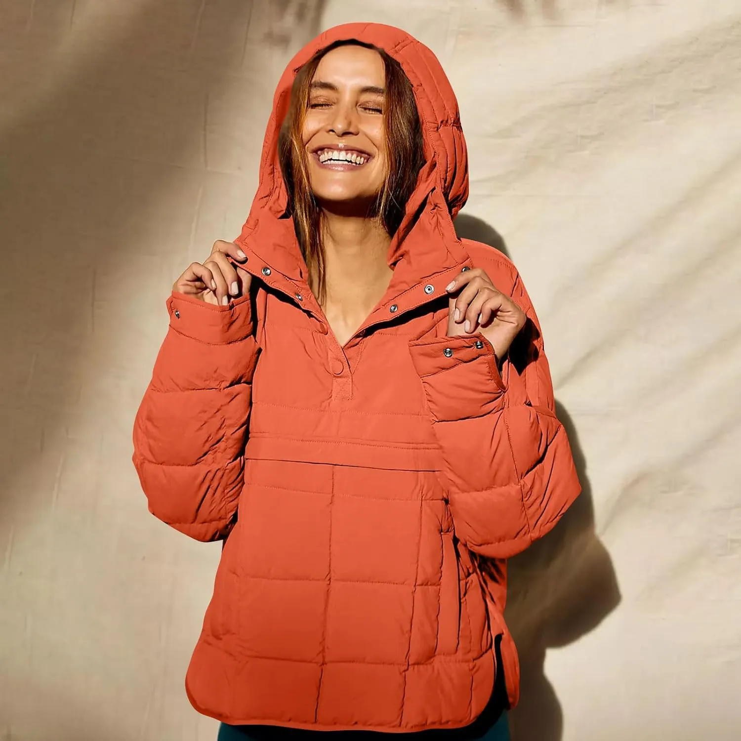 Women Quilted Pullover Packable Puffer Jacket Long Sleeve Quarter Snap Oversized Hoodie Winter Hooded Padded Coat