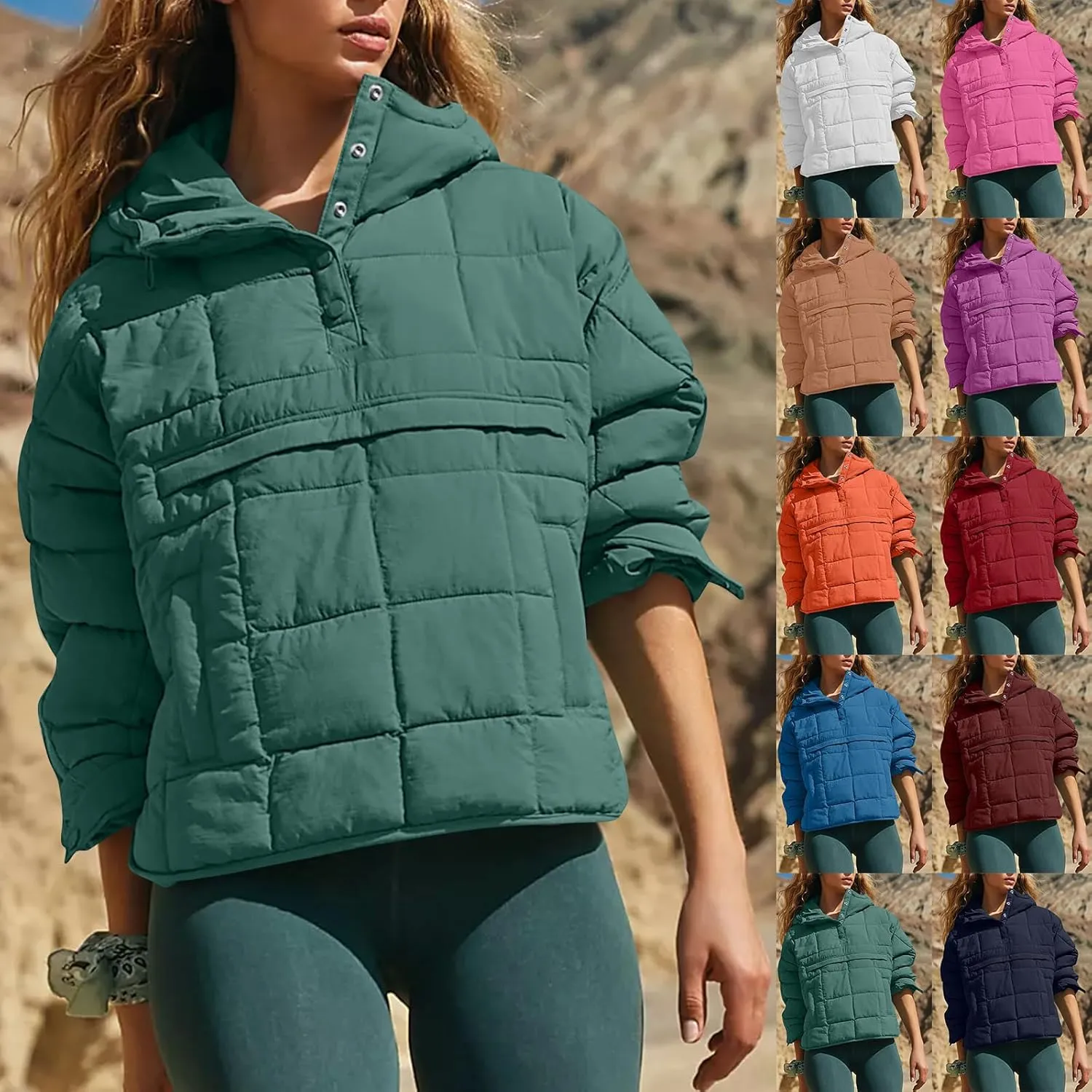 Women Quilted Pullover Packable Puffer Jacket Long Sleeve Quarter Snap Oversized Hoodie Winter Hooded Padded Coat