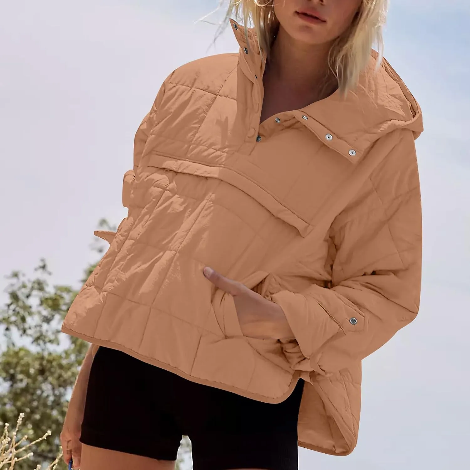 Women Quilted Pullover Packable Puffer Jacket Long Sleeve Quarter Snap Oversized Hoodie Winter Hooded Padded Coat