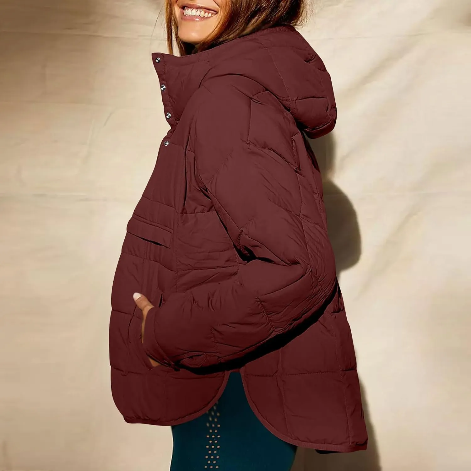 Women Quilted Pullover Packable Puffer Jacket Long Sleeve Quarter Snap Oversized Hoodie Winter Hooded Padded Coat