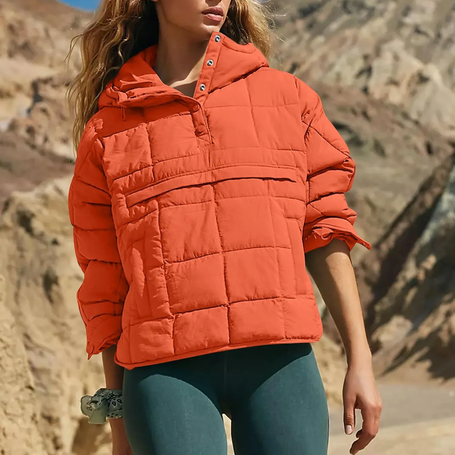 Women Quilted Pullover Packable Puffer Jacket Long Sleeve Quarter Snap Oversized Hoodie Winter Hooded Padded Coat