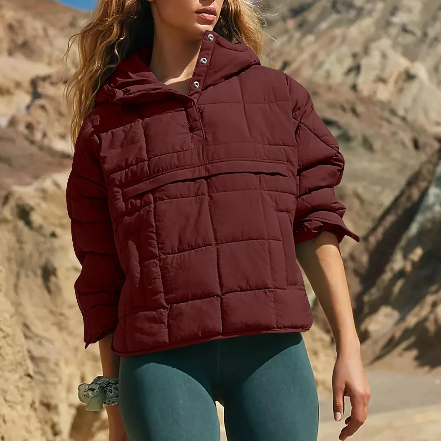 Women Quilted Pullover Packable Puffer Jacket Long Sleeve Quarter Snap Oversized Hoodie Winter Hooded Padded Coat